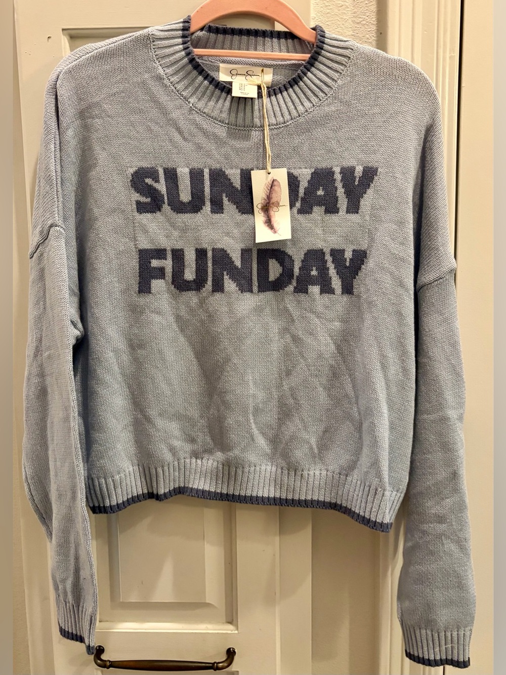 NWT JESSICA SIMPSON Dusty-Blue Crewneck Sweater with Navy Text ~ Super Comfy